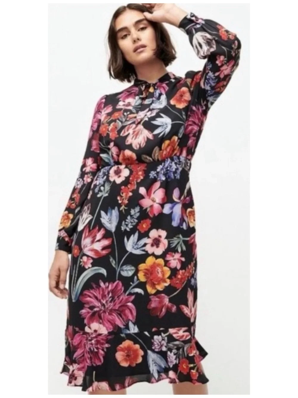 J.CREW Women’s Size 14 Midnight Dutch Floral Tie Neck Long Sleeve Midi Dress‎